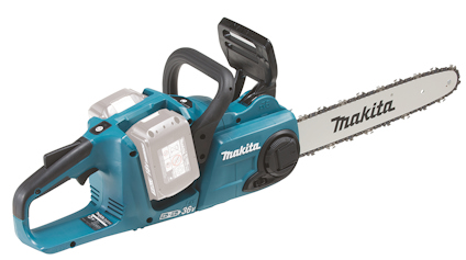 Blå och svart motorsåg med texten "Makita" på svärdet och kroppen.