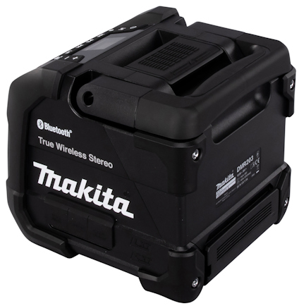 Svart Makita bärbar högtalare, märkt med Bluetooth och modellnummer DMR203.