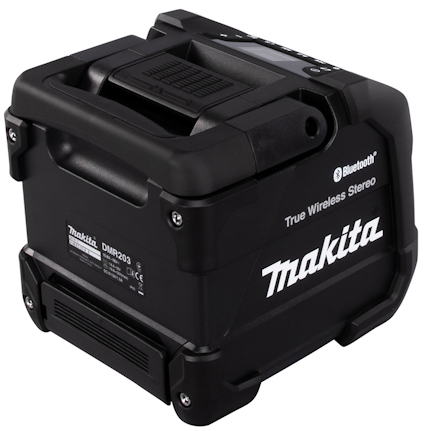 Makita DMR203 trådlös stereo med Bluetooth och handtag, svart design.