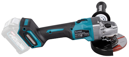 Vinkelslip med blå och svart kropp, roterande skiva och batterikomponent med texten "Makita".