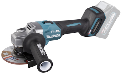 Sladdlös vinkelslip i svart och blått med handtag och batteripaket. Märkt "Makita" och "BL".