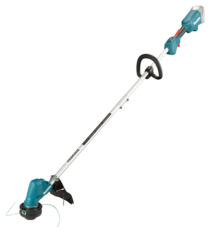 Grästrimmer i blå och svart med lång skaft, handtag och batterifack. Märkt med "Makita".