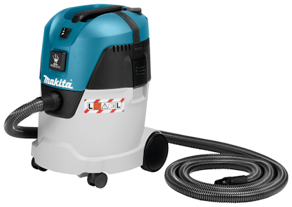 Dammsugare från märket Makita med blå och vit design samt svart slang.