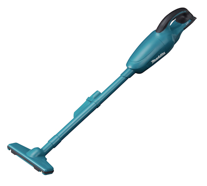Trådlös blå dammsugare med svart handtag och långt munstycke. Märkt "Makita" på sidan.