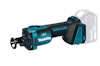 Handhållen blå och svart borrmaskin med märket "Makita". Bakre delen syns med plats för batteri.