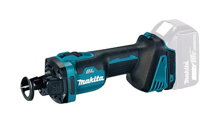 Handhållen blå och svart borrmaskin med märket "Makita". Bakre delen syns med plats för batteri.