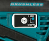 Batteridriven gipsskärare med texten "BRUSHLESS" och knapp för att slå på/av med symboler för trådlös anslutning.