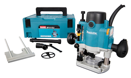 Handöverfräs med tillbehör och förvaringslåda från Makita, modell RP1110CJ.