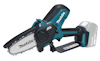 Beskärningssåg med svart och blått handtag, silverfärgad kedja; märkt "Makita".