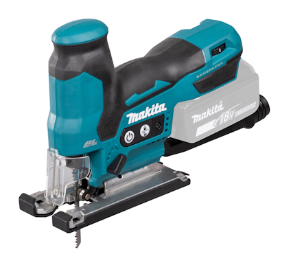 Sladdlös sticksåg i blått och svart med ergonomiskt handtag och sågblad. Märkt med logotypen "Makita" och "18V".