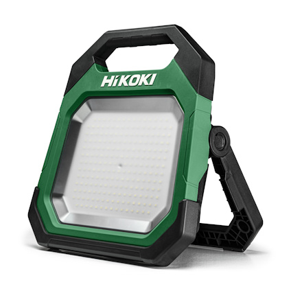 Grön och svart portabel arbetslampa med handtag och LED-panel, märkt "HIKOKI".