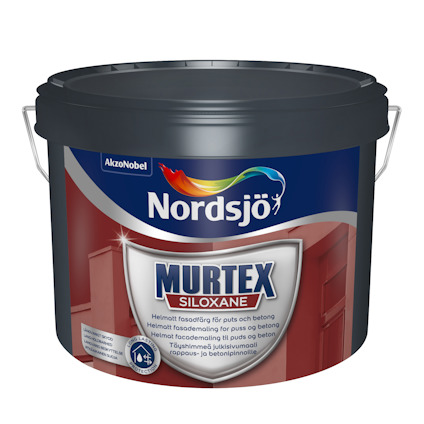 Hink med Nordsjö Murtex Siloxane putsfasadfärg, mörkgrå lock och handtag.