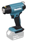 Makita värmepistol i blått och svart med ergonomiskt handtag och batterifack.