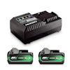 Laddare och två svarta och gröna batterier med texten "HiKOKI MultiVolt 36V-18V".