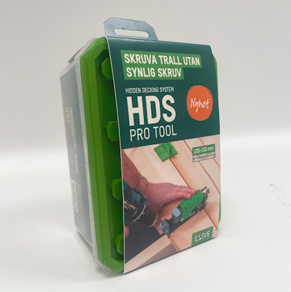Förpackning med texten "Skruva trall utan synlig skruv" och "HDS Pro Tool" från ESSVE.