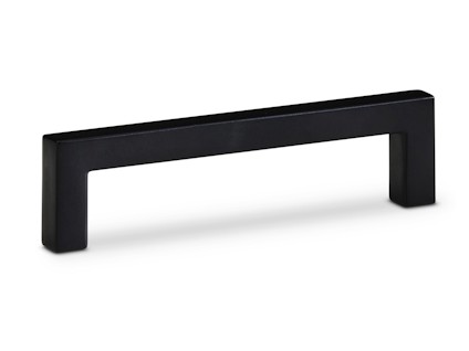Svart, enkelt lådhandtag med fyrkantig design och släta ytor, sett från sidan.