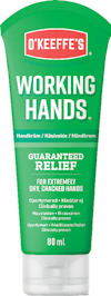 Grön tub med texten "O'Keeffe's Working Hands" och "Guaranteed Relief for Extremely Dry, Cracked Hands" på framsidan.