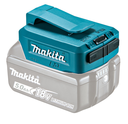 Makita batteriadapter med USB-portar och clip, avsedd för användning med ett 18V lithium-ion batteri.