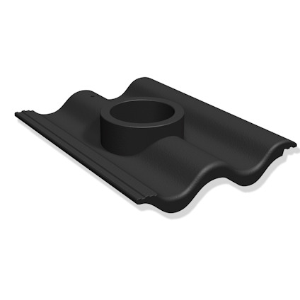Svart, vågformat betongtak med centrerad rund genomföring.