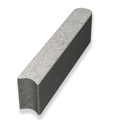 Grå betongkantsten med avrundad kant, fotad mot vit bakgrund.