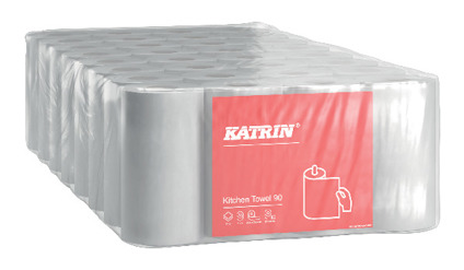 Förpackning med flera rullar hushållspapper, märkt "Katrin Kitchen Towel 90" med röda och vita detaljer.