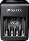 Batteriladdare i svart med plats för fyra batterier, märkt "VARTA".
