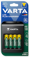 Förpackning med Varta LCD Plug Charger+ och fyra AA-batterier på 2100mAh. 4h-laddningstid angiven.
