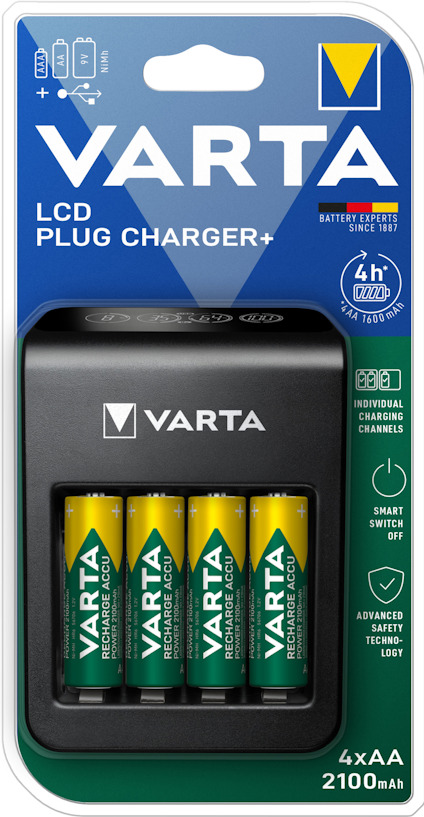 Förpackning med Varta LCD Plug Charger+ och fyra AA-batterier på 2100mAh. 4h-laddningstid angiven.