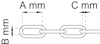 Ritning av en kedjelänk med måttangivelser A mm, B mm och C mm.