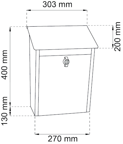 Illustration av en brevlåda med måtten 303 mm x 400 mm x 200 mm och ett mått på 130 mm för den avsmalnande delen.