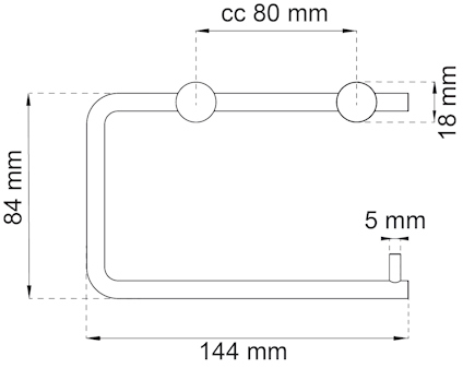 Diagram av en väggmonterad handdukshållare med måtten 144 mm x 84 mm. Monteringsavstånd: 80 mm.