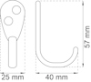 Illustration av dimensionsritningar för en krok med måtten 25×40×57 mm.