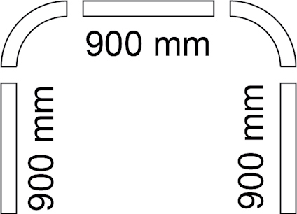 900 mm i mitten och i vertikala positioner, två böjda linjer ovanför.