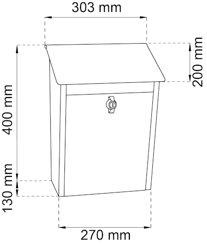 Byggillustration av en postlåda med måtten 270x400 mm, 303 mm bred vid taket, och en höjd på 200 mm.