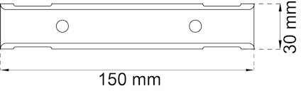 Ritning av en rektangulär metalldel med två hål, måtten 150 mm x 30 mm är markerade.