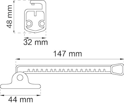 Skiss av en metallkonsol med mått: 48x32 mm för basen, armen är 147 mm lång och fotens bredd är 44 mm.