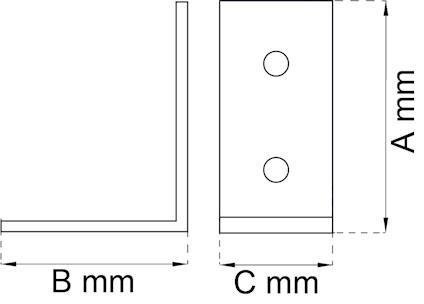 Diagram av en L-formad metalldel med hål markerade. Mått: A mm, B mm, C mm.