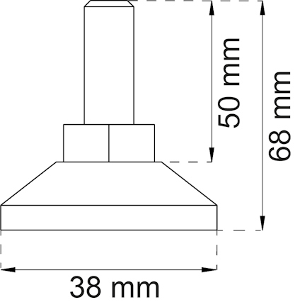 Schematisk ritning av en konformad komponent med måtten 38 mm och 68 mm, inklusive ett 50 mm högt fäste.