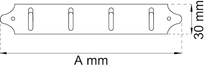 Ritning av en stålfäste med fyra ovala hål. Mått: 30 mm höjd, bredd märkt som "A mm".