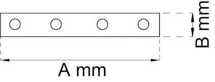 Rektangel med fyra cirklar i rad. Markeringar visar måtten A mm i längd och B mm i bredd.