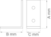 Ritning av en vinkeljärn med dimensionerna A mm, B mm och C mm, visar två hål på ena sidan.