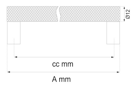 Ritning av en cylindrisk stång ovanför två pelare, märkt med "cc mm", "A mm" och "Ø12".