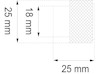 Diagram med mått: 25 mm x 25 mm ruta, 18 mm insida. Utanför område med skraffering.