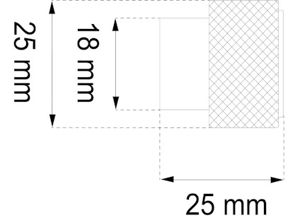 Diagram med mått: 25 mm x 25 mm ruta, 18 mm insida. Utanför område med skraffering.