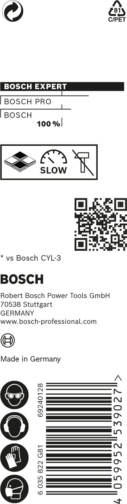 Förpackning med Bosch Expert borra. Innehåller text och streckkod. Made in Germany.