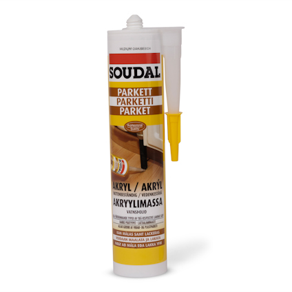 Soudal akrylfogmassa för parkett, ekfärgad, i tub med gul applikatorspets.
