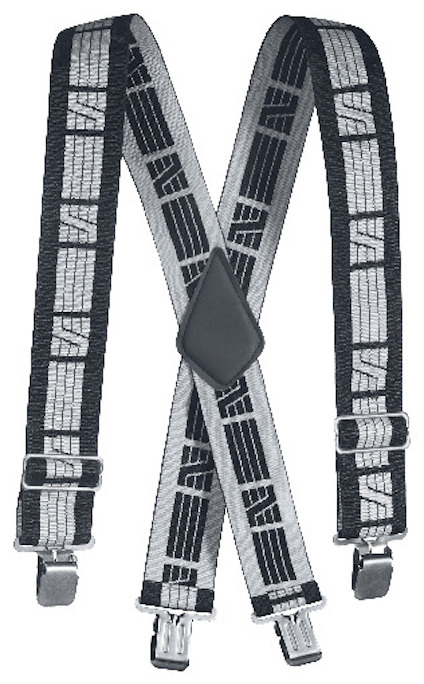 Elastiska hängslen med mönstrade remmar och metallklämmor, arrangerade i ett kors.