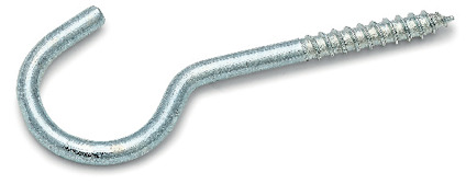 Metallisk skruvkrok i silverfärg med gängad ände och böjd krokform.