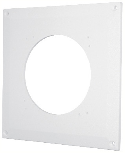 Vit platt täckplatta med ett cirkulärt hål i mitten. Fyra fästpunkter i hörnen.