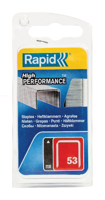 Förpackning med Rapid-häftklamrar i genomskinlig plast med blå och gul etikett, texten "High PERFORMANCE".